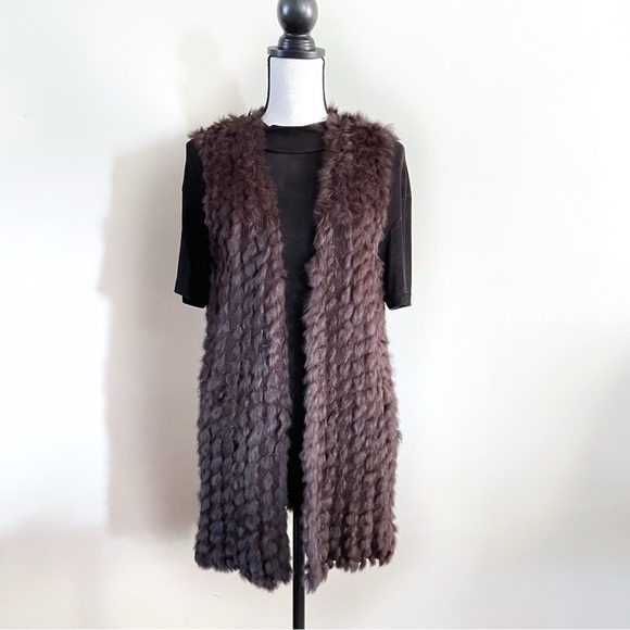 Linda Richards Rabbit Fur Vest Size S Brown Wool Blend Open Front Luxury - Picture 1 of 8